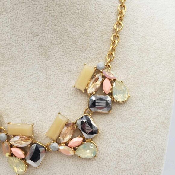 J Crew Gold, Tan, Gray, Pink Iridescent Crystal Statement Necklace - Picture 7 of 11